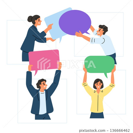 Male and female colleagues exchange speech bubbles. Useful information. People interaction. Group conversation. Team communication. Social discussion. Office community. Vector concept Male and female colleagues exchange speech bubbles. Useful information. People interaction. Group conversation. Team communication. Social discussion. Office community. Vector concept 136666462