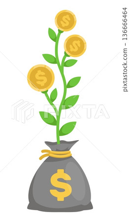 Money bag with sprouting financial plant and gold coins. Finance storage. Prosperity revenue. Cash tree growing. Profit increase. Vector concept of investment success or income growth Money bag with sprouting financial plant and gold coins. Finance storage. Prosperity revenue. Cash tree growing. Profit increase. Vector concept of investment success or income growth 136666464