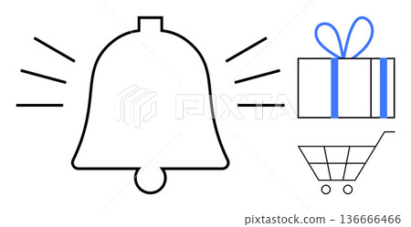 E-commerce, notifications, gift shopping, sale alerts, marketing, online purchases. Bell icon with lines, gift box with ribbon shopping cart. E-commerce and notifications concept E-commerce, notifications, gift shopping, sale alerts, marketing, online purchases. Bell icon with lines, gift box with ribbon shopping cart. E-commerce and notifications concept 136666466