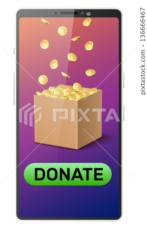 Realistic mobile phone with cardboard donation box. Gold coins on smartphone screen. Online fundraising. Volunteer support. Money sponsor. Cellphone touchscreen display. Vector concept Realistic mobile phone with cardboard donation box. Gold coins on smartphone screen. Online fundraising. Volunteer support. Money sponsor. Cellphone touchscreen display. Vector concept 136666467