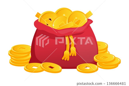 Red bag and gold coins with square hole in middle. Chinese New Year celebrations. Asian monetary. Japanese savings. Future and prosperity. Full pocket of golden cash. Vector concept Red bag and gold coins with square hole in middle. Chinese New Year celebrations. Asian monetary. Japanese savings. Future and prosperity. Full pocket of golden cash. Vector concept 136666481