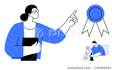 Achievement, professional recognition, education, online shopping, business goals, certification. Woman holding a file and pointing to a badge, man holding shopping bags. Achievement and recognition 136666482