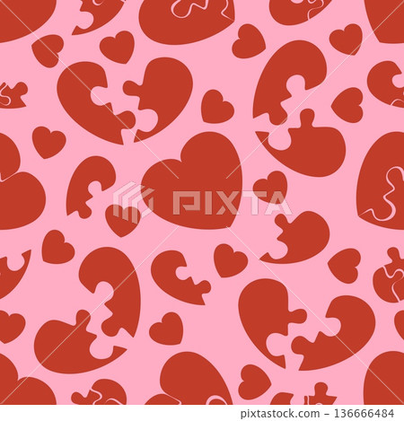 Red hearts in form of disassembled puzzle pieces seamless pattern. Romantic relationship. Divorce and broken love. Valentine repeated print. Wedding jigsaw connection. Vector background Red hearts in form of disassembled puzzle pieces seamless pattern. Romantic relationship. Divorce and broken love. Valentine repeated print. Wedding jigsaw connection. Vector background 136666484