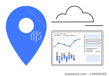 Location services, data visualization, cloud technology, analytics, digital tools, business insights. Blue location pin, data charts and cloud icon. Location services and data visualization concept 136666488