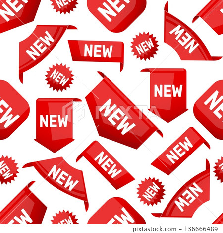 Red stickers seamless pattern. Bookmarks and corners for new products. Shopping stripes with inscription. Marketing labels. Repeated print. Offer shop announcement tags. Vector background Red stickers seamless pattern. Bookmarks and corners for new products. Shopping stripes with inscription. Marketing labels. Repeated print. Offer shop announcement tags. Vector background 136666489