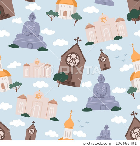 Religious buildings seamless pattern. Buddhist pagodas and monuments. Catholic churches. Christian temples. Jewish synagogues. Repeated print. Architecture for worship. Vector background 136666491