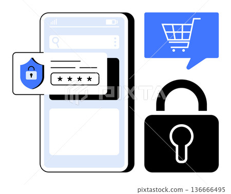 Online security, password protection, e-commerce safety, data privacy, cybersecurity, secure payments. Smartphone with lock icon, password shield and shopping cart icon. Online security and password 136666495