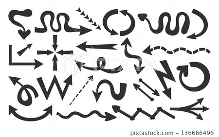 Simple black arrows of various shapes and types. Twisted direction. Navigation and orientation symbols. Right or left motion. Wavy and dotted lines. Vector set of simple dark pointers Simple black arrows of various shapes and types. Twisted direction. Navigation and orientation symbols. Right or left motion. Wavy and dotted lines. Vector set of simple dark pointers 136666496