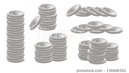 Stacks of silver coin. Pile of precious metal money. Currency profit. Finance income. Banking investment and savings. Commerce payment. Dollars heap. Vector steel monetary elements set 136666502