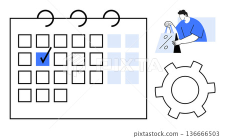 Time management, scheduling, daily planning, business workflow, task organization, e-commerce. A calendar with a marked date, a gear icon and a person holding shopping bags. Time management 136666503