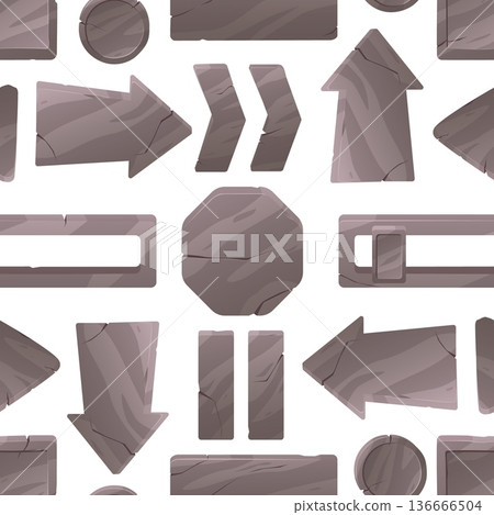 Stone plaques seamless pattern. Rocky signs. Granite arrows and sliders. Cracked tablets. Stony block boards with fissures. Natural rock GUI texture. Boulder pointer. Vector background 136666504