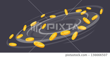Whirlwind or vortex of gold coins. Money swirling in gust of wind. Golden cash twirl. Financial savings and investment flow. Wealth deposit. Vector precious metal dollar currency motion 136666507