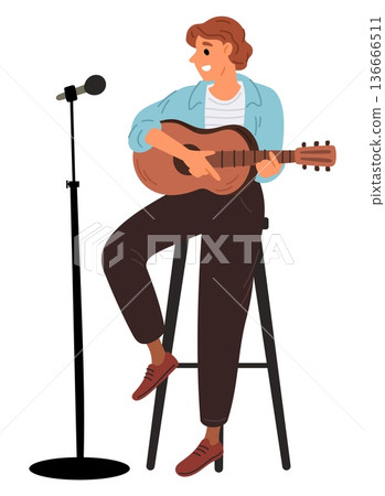 Young man plays guitar while sitting on tall wooden chair. Musician sings song into microphone. Stage performance. Musical acoustic instrument. Performers talent show. Vector concept Young man plays guitar while sitting on tall wooden chair. Musician sings song into microphone. Stage performance. Musical acoustic instrument. Performers talent show. Vector concept 136666511