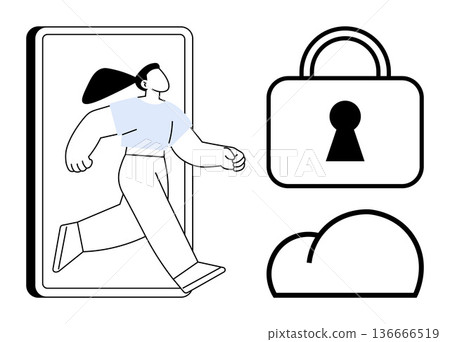Online privacy, data security, cloud protection, cybersecurity, digital access, secure login. A person stepping through a smartphone alongside a lock and cloud icon. Online privacy and data security 136666519