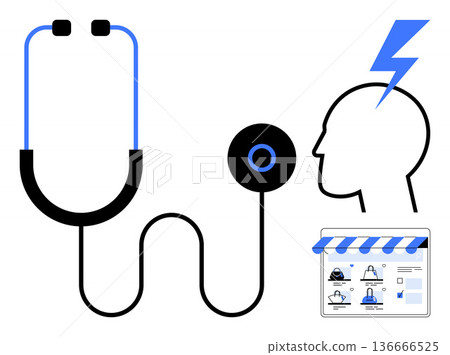 Healthcare, brain activity, telemedicine, online services, e-commerce, diagnostics. Stethoscope alongside a brain icon with lightning and an online store interface. Healthcare and telemedicine Healthcare, brain activity, telemedicine, online services, e-commerce, diagnostics. Stethoscope alongside a brain icon with lightning and an online store interface. Healthcare and telemedicine 136666525