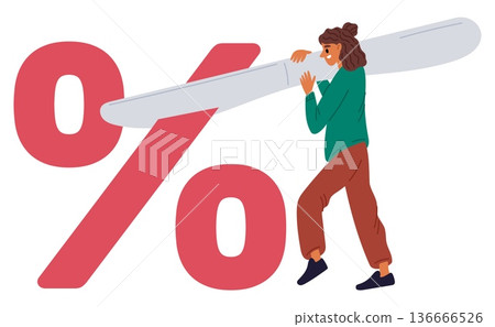 Young woman cuts off percentage sign with knife. Financial recession. Finance crisis. Expense decrease percent. Income reduction. Banking tax cost. Vector concept of monetary inflation Young woman cuts off percentage sign with knife. Financial recession. Finance crisis. Expense decrease percent. Income reduction. Banking tax cost. Vector concept of monetary inflation 136666526