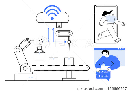 Automation, cloud technology, smart manufacturing, e-commerce, cashback rewards, mobility. Cloud-connected robotic arm assembling on a conveyor belt. Automation and cloud technology concept Automation, cloud technology, smart manufacturing, e-commerce, cashback rewards, mobility. Cloud-connected robotic arm assembling on a conveyor belt. Automation and cloud technology concept 136666527