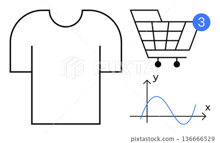 Online shopping, notifications, app design, education, mathematics, retail. Simplified visuals include a shopping cart with notification bubble, a t-shirt outline and a line graph. Online shopping 136666529