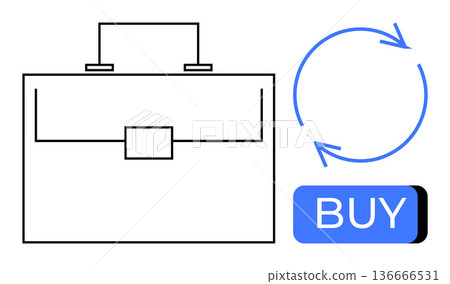 E-commerce, business transactions, workflow, productivity, shopping, business tools. Minimalist briefcase, blue arrow circle and buy button. E-commerce and business transaction concept E-commerce, business transactions, workflow, productivity, shopping, business tools. Minimalist briefcase, blue arrow circle and buy button. E-commerce and business transaction concept 136666531