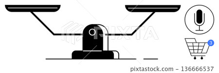 Decision-making, e-commerce, digital tools, technology use, consumer choice, online shopping. Balance scale, microphone shopping cart icon with notification. Decision-making and e-commerce 136666537