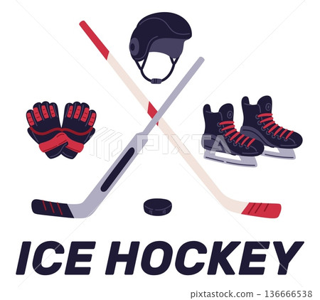 Symbols of ice hockey. Players and goalkeepers sticks. Winter rink sport. Athletics skates. Gloves and helmet. Crossed clubs with puck. Sportsman stuff. Vector competition accessories set Symbols of ice hockey. Players and goalkeepers sticks. Winter rink sport. Athletics skates. Gloves and helmet. Crossed clubs with puck. Sportsman stuff. Vector competition accessories set 136666538