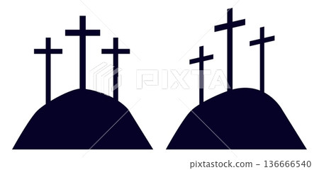 Three crosses of Mount Golgotha. Symbol of Christian religion. Jesus crucifix. Christian memorial. Death and resurrection. Holy crucifixion. Vector silhouette black spiritual icons set 136666540