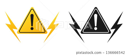 Yellow triangle with exclamation mark and lightning dangerous symbols. Silhouette attention and beware signs with danger thunderbolts. Electricity caution. Vector warning icons set Yellow triangle with exclamation mark and lightning dangerous symbols. Silhouette attention and beware signs with danger thunderbolts. Electricity caution. Vector warning icons set 136666542
