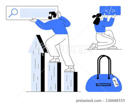 Business growth, web coding, online shopping, e-commerce, technology innovation, digital marketing. Person climbing bar chart with search icon and developer coding. Business growth and web coding 136666555
