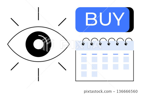 Online shopping, e-commerce, marketing, scheduling, planning, purchasing decisions. Graphic shows an eye, calendar and Buy button. Online shopping and e-commerce concept 136666560
