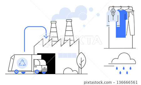 Environmental awareness, recycling, sustainability, circular economy, eco-friendly production, waste management. A factory, recycling truck and clothing on a rack with rain icons. Recycling Environmental awareness, recycling, sustainability, circular economy, eco-friendly production, waste management. A factory, recycling truck and clothing on a rack with rain icons. Recycling 136666561