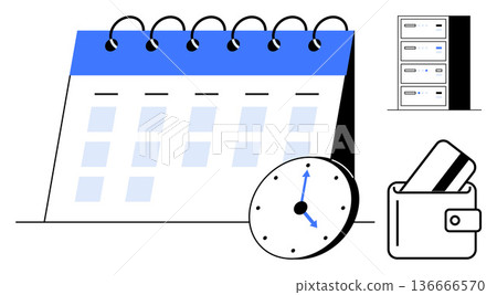 Time management, business planning, digital payment, scheduling, organization, financial planning. Calendar, clock wallet and database graphic. Time management and business planning visualization 136666570