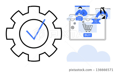 E-commerce, online shopping, cashback deals, discount offers, secure transactions, customer service. Gear with checkmark, shopping cart and cloud elements. E-commerce and online shopping 136666571