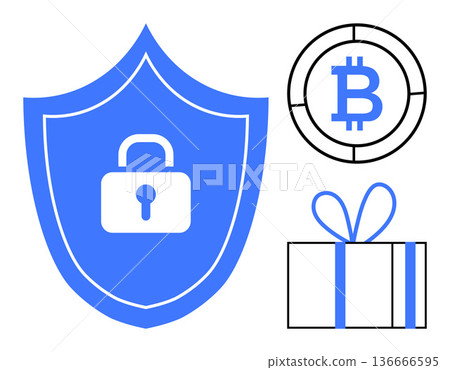 Data security, blockchain transactions, cryptocurrency, e-commerce, gift giving, financial protection. Blue shield with lock, Bitcoin coin and gift box. Cybersecurity and cryptocurrency 136666595