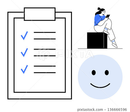 Task management, productivity tools, user engagement, modern lifestyle, positivity, mobile technology. A checklist, happy face and a person using a smartphone. Task management and productivity tools 136666596