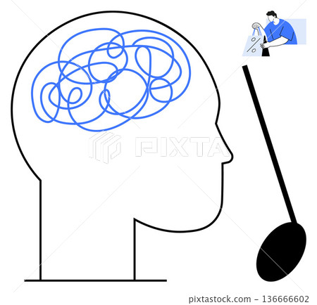 Mental health, problem-solving, therapy, cognitive processes, decision-making, stress management. Human profile with tangled lines in the brain and a figure working with a magnifying glass. Mental Mental health, problem-solving, therapy, cognitive processes, decision-making, stress management. Human profile with tangled lines in the brain and a figure working with a magnifying glass. Mental 136666602