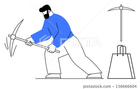 Labor, mining, commerce, retail, effort, productivity. A man holding and swinging a pickaxe, shopping bag beside him individual pickaxe separately. Labor and commerce concepts 136666604