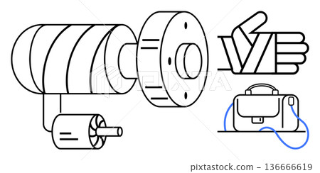 Engineering, manufacturing, industrial processes, safety, workshop tools, and machinery. Mechanical gear, glove and bag drawn in line art. Engineering and manufacturing concepts Engineering, manufacturing, industrial processes, safety, workshop tools, and machinery. Mechanical gear, glove and bag drawn in line art. Engineering and manufacturing concepts 136666619