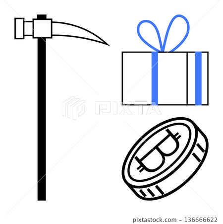 Cryptocurrency, blockchain technology, digital currency, e-commerce, mining tools, financial transactions. Bitcoin coin, mining pickaxe gift box. Cryptocurrency and blockchain technology concept Cryptocurrency, blockchain technology, digital currency, e-commerce, mining tools, financial transactions. Bitcoin coin, mining pickaxe gift box. Cryptocurrency and blockchain technology concept 136666622