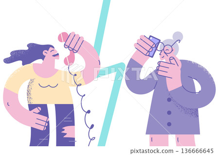 Happy young and old woman talk on phone Happy young and old woman talk on phone 136666645