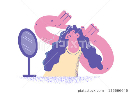 Anxious woman look in mirror stressed with grey hair Anxious woman look in mirror stressed with grey hair 136666646