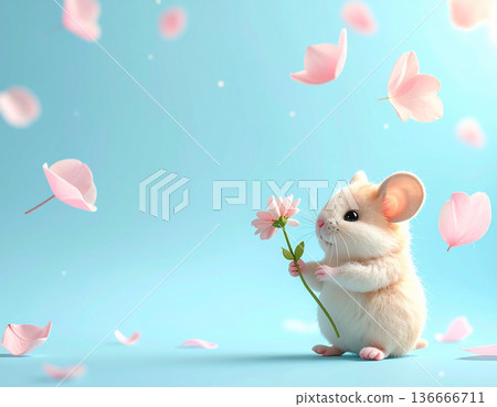 可愛的背景，一隻色彩繽紛的春日倉鼠，周圍環繞著飄動的花瓣。 136666711