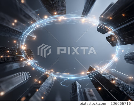 線框圖建築仰望未來城市網路智慧城市/城市數位轉型背景 136666716