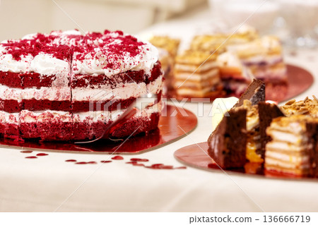 Red velvet layered cake, dessert table Red velvet layered cake, dessert table 136666719