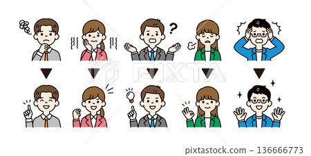 Facial expressions and poses of young men and women business people whose troubles improve. Icon illustration material set 136666773