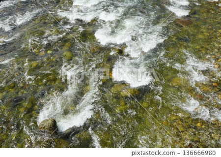 清澈的河水潺潺流水，水面泛起漣漪。 136666980