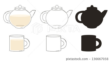 Glass Teapot and Mug Hand Drawn Set. Isolated Outline and Silhouette Variations Drawings. Vector Illustration 136667038