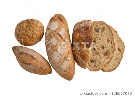Sourdough baguette bread isolated on white background with clipping path. Sourdough baguette bread isolated on white background with clipping path. 136667070