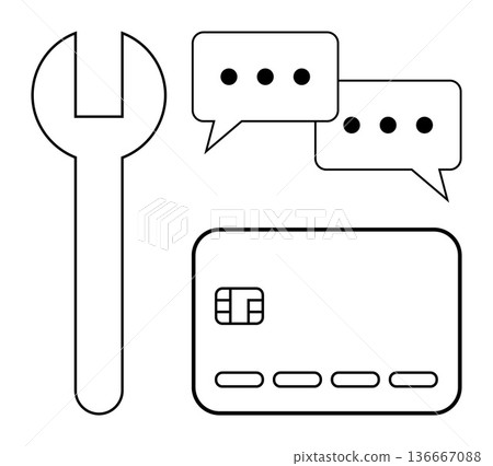 Customer service, online payments, technical support, finance solutions, troubleshooting, banking assistance. Wrench, speech bubbles credit card . Customer service and online payments concept Customer service, online payments, technical support, finance solutions, troubleshooting, banking assistance. Wrench, speech bubbles credit card . Customer service and online payments concept 136667088
