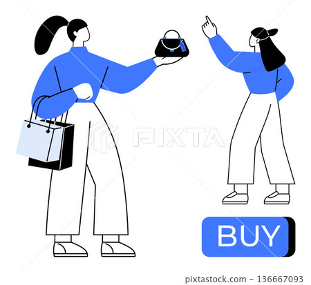 E-commerce, online shopping, retail, consumer behavior, digital marketplaces, buying process. Minimalistic design of shoppers holding bags, pointing at products. Online shopping and retail concept 136667093
