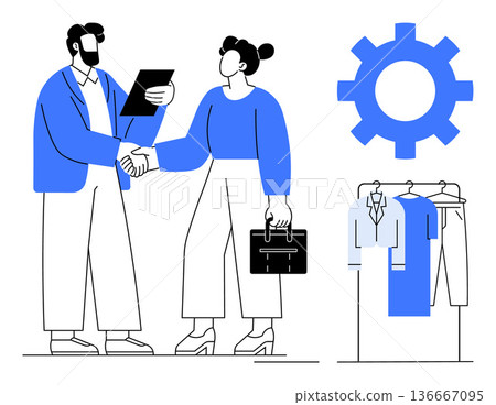 Business collaboration, teamwork, e-commerce, retail fashion, innovation, trade. Two people shaking hands, clothing rack gear symbol. Business collaboration and e-commerce concept 136667095